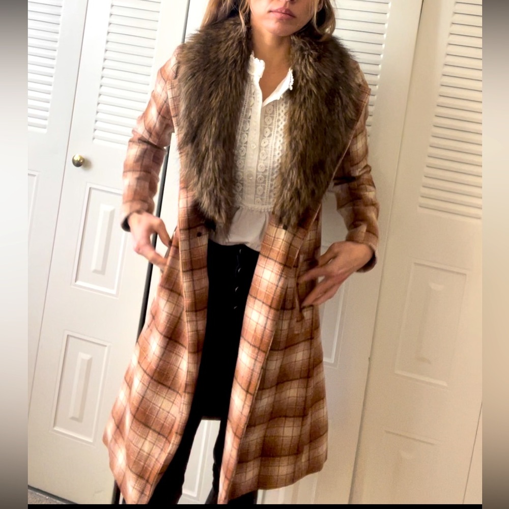 Free People Plaid Coat with Faux Fur Collar